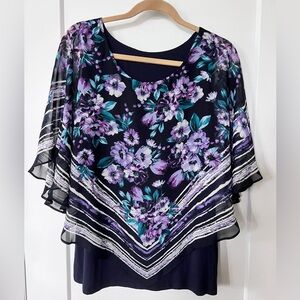 Apt. 9 Flowy Floral Top Blouse Black Purple Multi Asymmetrical Poncho Size XL